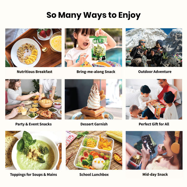 Collage image showing various ways to enjoy Hey! Chips, including a nutritious breakfast, outdoor adventure, party snacks, and more.