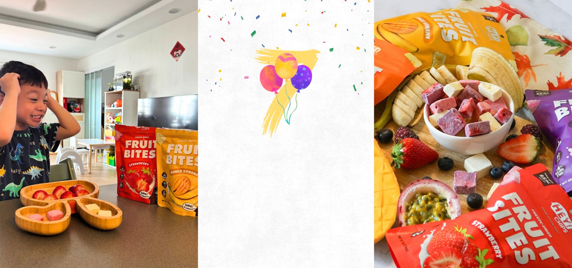 Hey! Chips Fruity bites snack packaging with a child in a kitchen setting.