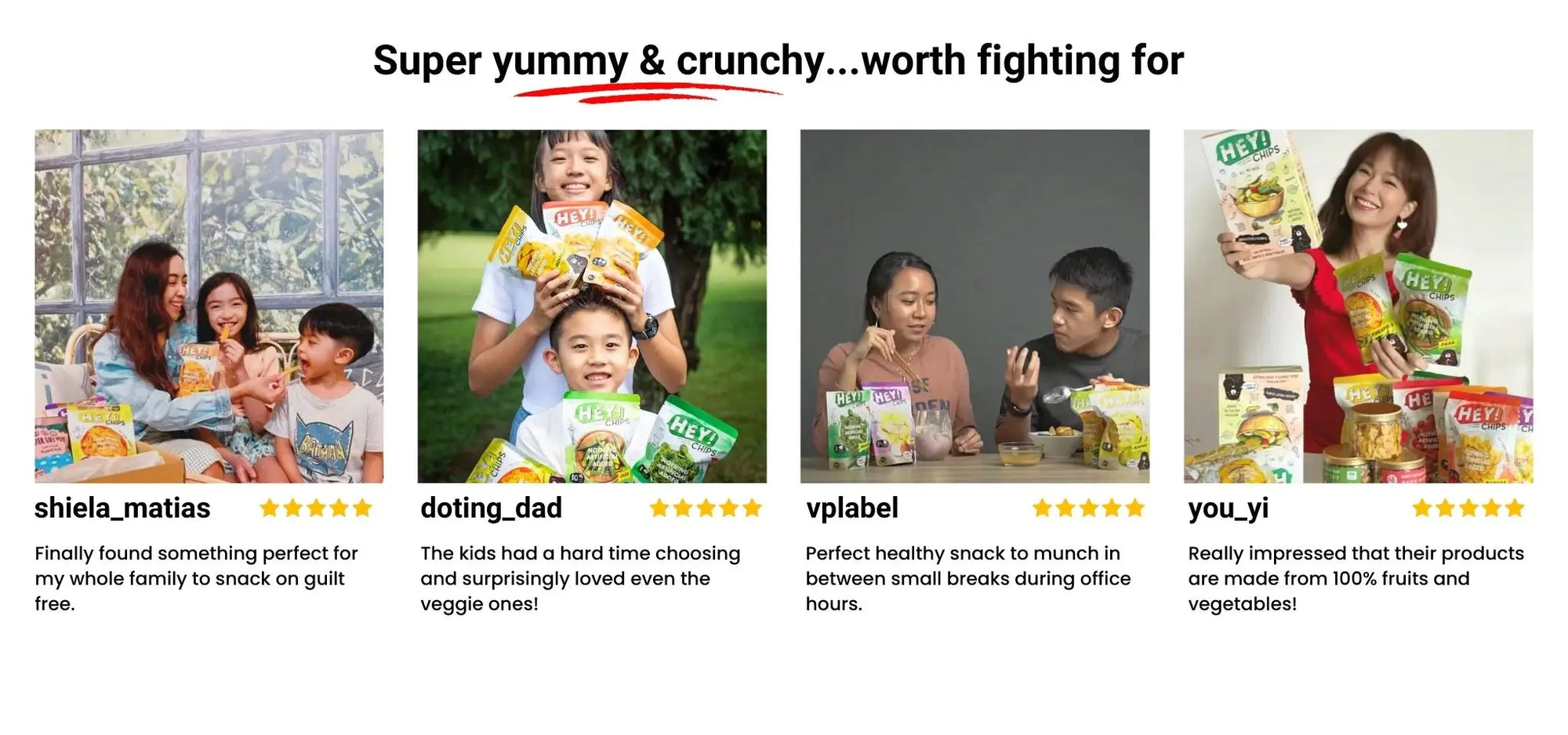 Images and text showing 5-star reviews for Hey! Chips products from Shiela Marias, dotingdad, vplabel, and you_yi.