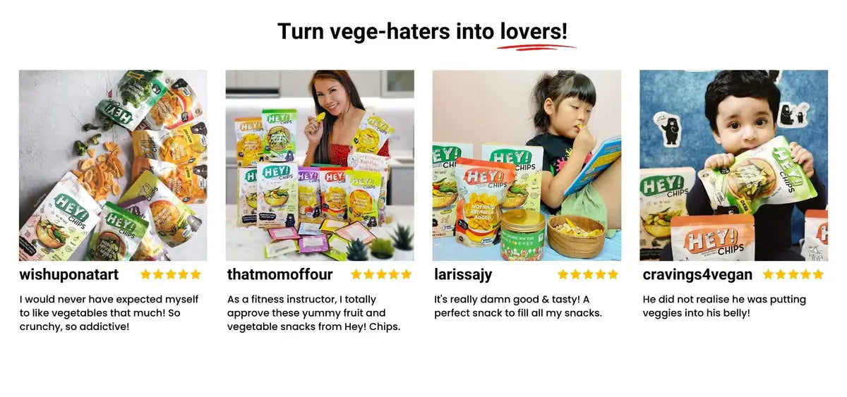 Images and text showing 5-star reviews for Hey! Chips products from wishuponatart, thatmomoffour, larissajy, and cravings4vegan.