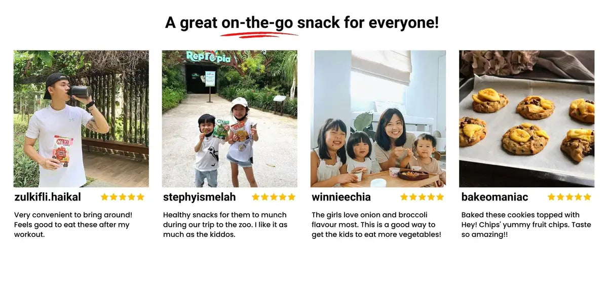 Images and text showing 5-star reviews for Hey! Chips products from zulkifli.haikal, stephyismelah, winnieechia, and bakeomaniac.