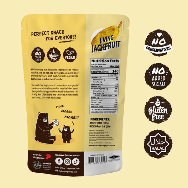 100% Natural Hey! Chips Jackfruit which is Gluten-Free, Halal-Certified, Vegetarian, Vegan, Dairy-free